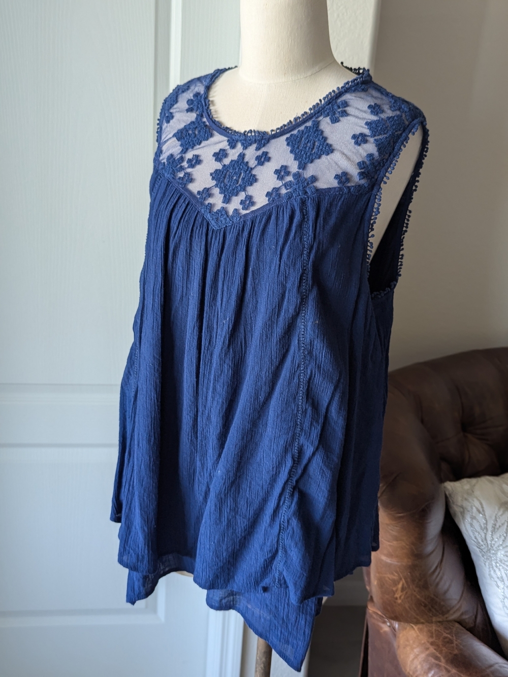 new directions Navy Embroidered Yoke Sleeveless Blouse